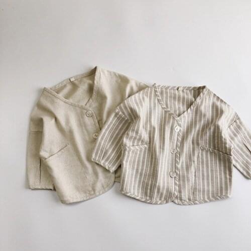 2021 NEW Toddler Kids Baby Linen Cotton Tops Shirt Boys Girl Long Sleeve Shirts Blouses Coat Cute Pocket Jacket Children Clothes