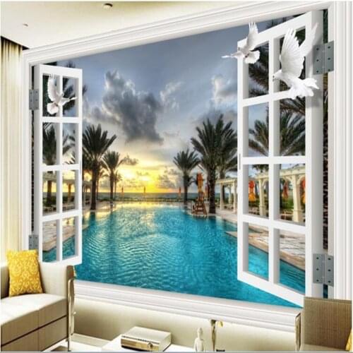 Beibehang custom mural pool coconut tree window painting photo 3d wall murals wallpaper 3D wall paper home decor papel de parede