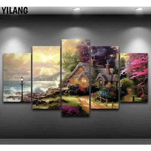5 Panel Beach House Classic Oil Painting Hd Print Canvas Wall Art Modular Picture Modern Frame Living Room Decoration Poster
