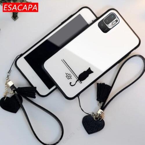 Cute Cat Pattern Tempered Glass Phone Case For Xiaomi Redmi Note 10 Pro 10T 5G Lanyard Chain Cover For POCO M3 Pro 5G M2103K19PI