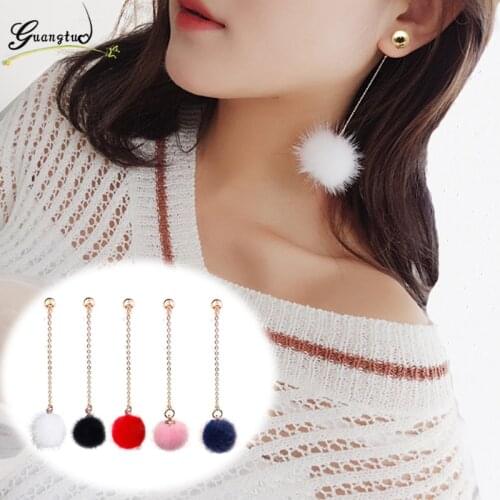 Fashion 5 Colors Pompom Fur Ball Long Drop Earring For Women Statement Piercing Jewelry Bijoux Brincos Lovely Dangle Earrings