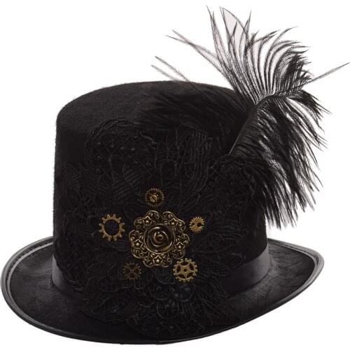 Men Vintage Steampunk Fedora Gear Lace Top Hat Gothic Victorian Unisex Party Black Hat