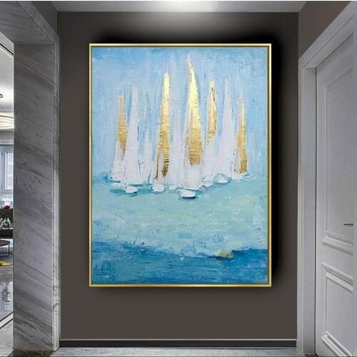 Hand Painted Modern Large Abstract Blue sailboat on the sea Home Decor Hang Picture landscape wall art Oil Painting On Canvas