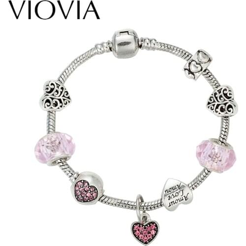 VIOVIA New Fashion Bracelet DIY Bead Bracelets Heart Charm Bracelets For Women Silver Color Chain Bracelet Beads Jewelry B16112