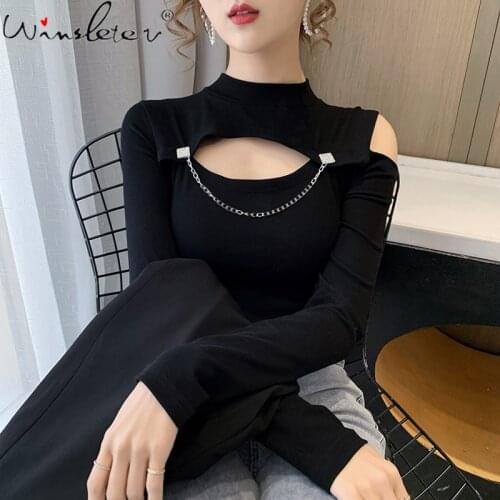 Spring Fall European Clothes Solid T-Shirt Fashion Sexy Hollow Out Chain Off Shoulder Women Tops Long Sleeve Tees 2021 T17728A