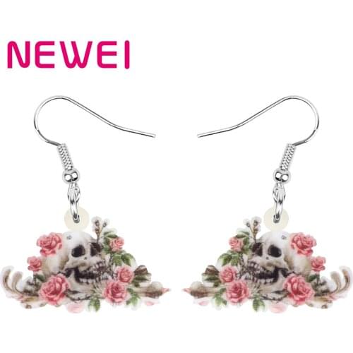 Newei Acrylic Halloween Flower Skull Earrings Big Aesthetic Skeleton Dangle Drop Jewelry For Women Girls Best Friends Charm Gift