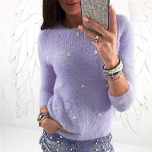 Solid Color Sweaters Women Faux Pearl Beading O Neck Sweaters for Women Autumn Winter Warm Plush Sweater Pullovers pull femme