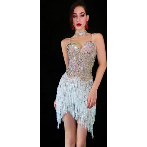 White Fringe Multi-color Rhinestones Pearl Dress Womens Birthday Party Outfit Bar Show Women Dancer Singer Dress
