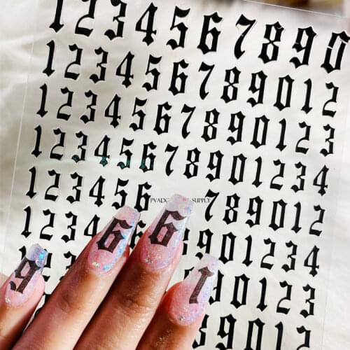 3D Nail Art Stickers Old English Number Sticker Decals Foils Wrap Sliders Trendy Nails Manicure Decoration