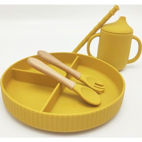 5 Pcs Baby Learning Feeding Tableware Set Divided Dinner Plate Bowl Spoon Fork Sippy Bottle Double Handle Drinking Straw Q1FE