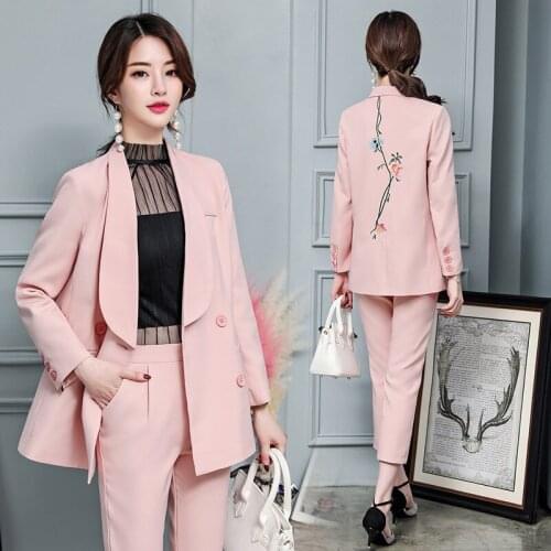 Embroidery Pant Suits Women Casual Office Business Suits Formal Work Wear Sets Uniform Styles Elegant Pant Suits Two-piece