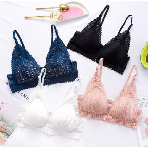 Front Buckle Closure Bra French Style Sexy Lace Bralette Push Up Wireless Adjustable Shoulder Strap Bras For Women