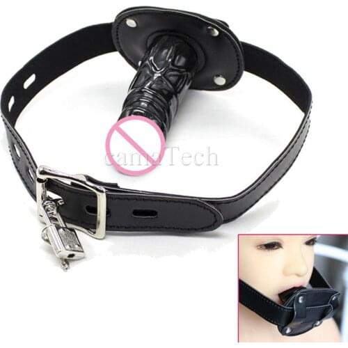 CamaTech PU Leather Restraint Bondage Strap on Silicone Dildo Gag Open Mouth Plug Penis Oral Gag With Locking Buckles Adult Game