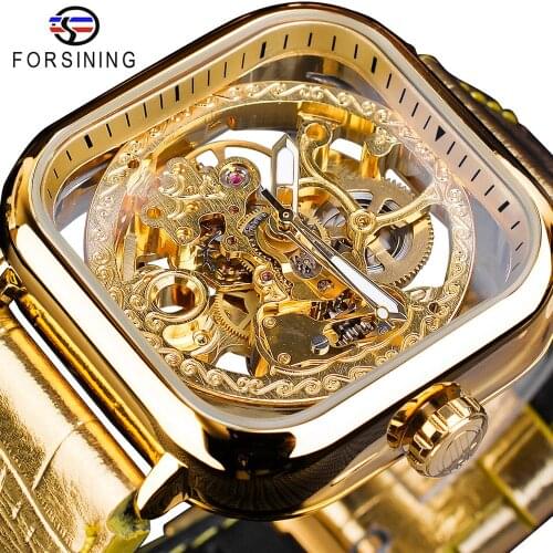 Forsining Fashion Gold Gear Movement Luminous Hands Gold Leather Transparent Mens Automatic Mechanical Watches Top Brand Luxury