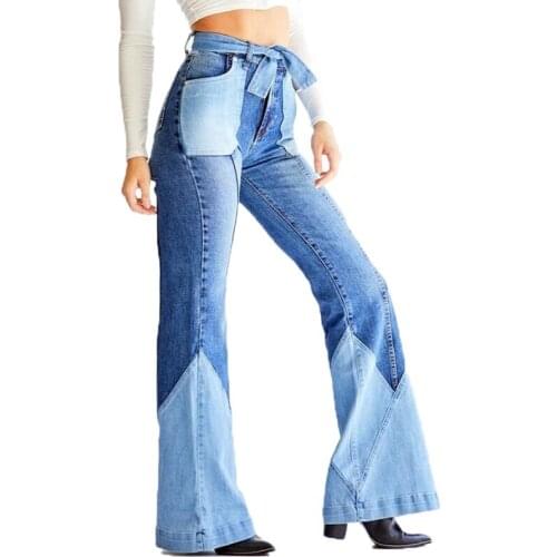 Spring Vintage Patchwork Flared Jeans Women Skinny High Waist Bell Bottom Boyfriends Jeans Pants 90s Denim Trouser Plus Size 3XL