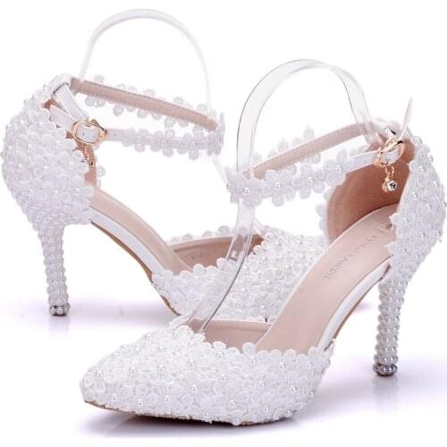 Elegant Pointed High Heels Lace Pearl Dress Banquet Single Shoes Bride Wedding Shoes Big Size Adult Ceremony Womens Shoes 42,43