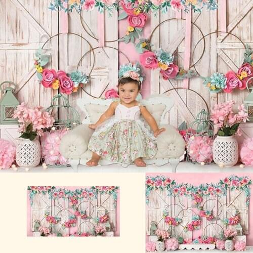 Wood floor flowers 1st birthday party newborn portrait photo shoot backdrop for photography studio pink background photophone