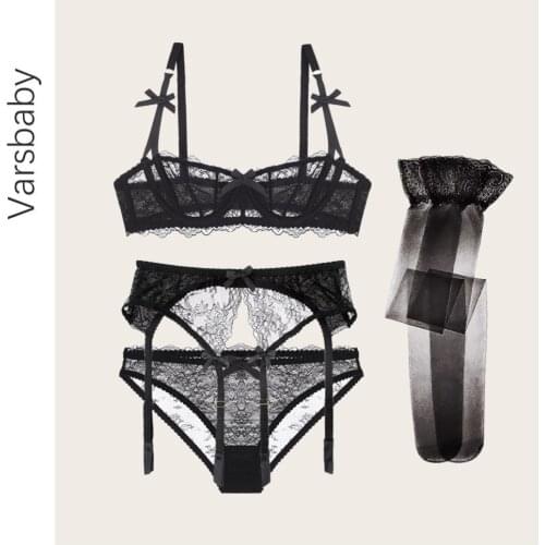 Varsbaby Women 3pcs Set Sexy Lingerie Sexy Womens Lace Half Cup Bra Middle Waist Underpants With Exotic Garter 3piece Big Red