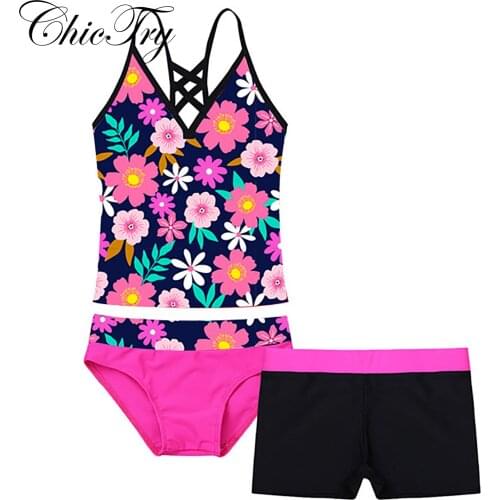 Kids Children Girls Swimsuit Swimwear Outfits Tankini Floral Printed Swimsuit Swimwear Bathing Suit Set Tops with Bottoms Shorts
