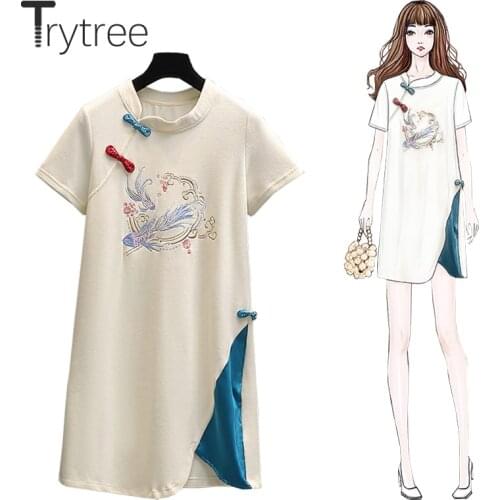 Trytree Summer Women Casual Dress Chinese Style Embroidery O-Neck Patchwork Hem Cotton Blended Vintage Hanfu Straight Mini Dress