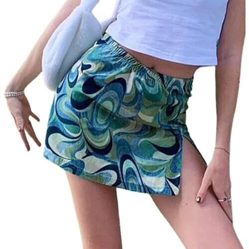 Summer Womens Fashion Abstract Printing Skirts Casual Personality High-waist Split Slim Fit Short Skirt