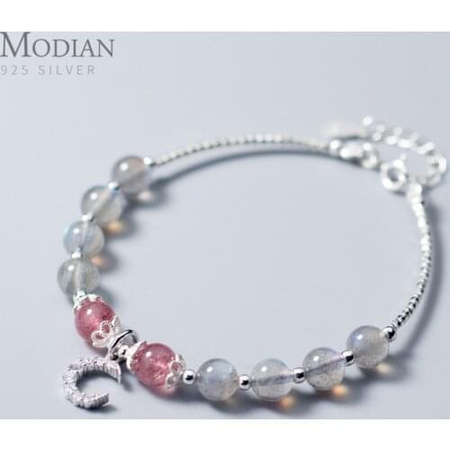 Modian Featured Brand Fashion Pink Strawberry Crystal Jewelry For Women 100% 925 Sterling Silver Clear CZ Moon Charm Bracelet