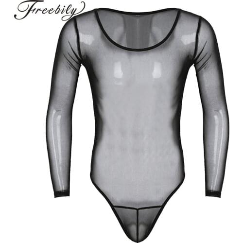 Mens Crossdress Lingerie Sissy See Through Mesh Long Sleeve Scoop Neck High Cut Jumpsuit Bodysuit Underwear Nightwear