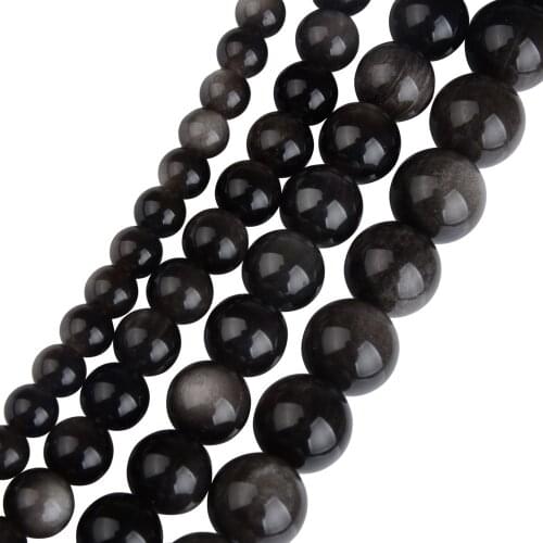 Natural Obsidian Stone Silver Color 6/8/10/12mm Round Beads Strand For Jewelry Making Spacer Loose Beads DIY Bracelet Necklace