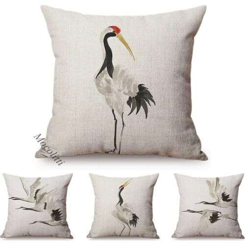 Chinese Style Ink Painting Cushion Cover Zen Cranes Powerful Artwork Decoration Sofa Throw Pillows Birds Cotton Linen Pillowcase