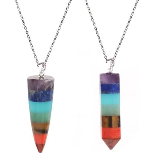 Natural Stone Statement Necklace Rainbow 7 Chakra Layered Healing Point Charms Pendulum with Chain Pendant Necklace for Women