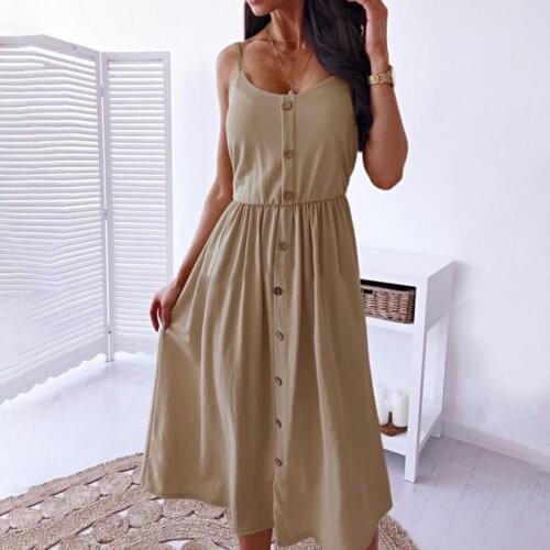 Dress for Women Solid Color Sleeveless Spaghetti Strap Sling Single-breasted Midi Dress Sundress Party Dress Beach Lady Vestidos