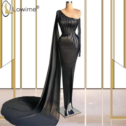Simple Black One Shoulder Mermaid Dresses 2021 Single Long Sleeve Beaded Satin African Women Formal Party Prom Gowns