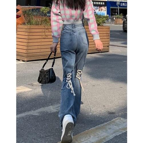 Real shot 2021 new fashion design sense rope strap long jeans female high waist slim straight micro flared jeans