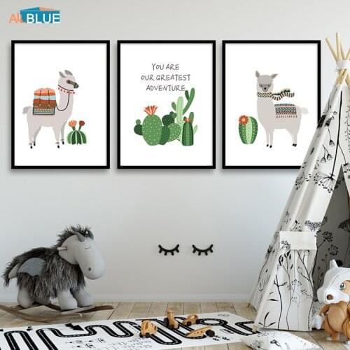 Scandinavian Decor Posters And Prints Cute Animal Alpaca Green Cactus Wall Art Canvas Painting Pictures For Kids Room Bedroom