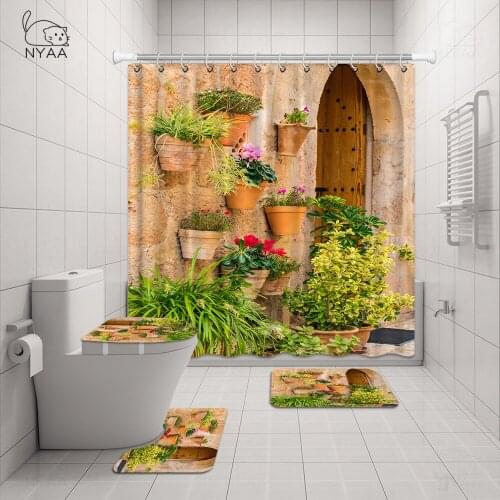 Fresh Flowers Doorway Street Shower Curtain Set Bath Mats Rugs Europe Alley Non-slip Mat Bathroom Curtains with Hooks Home Decor