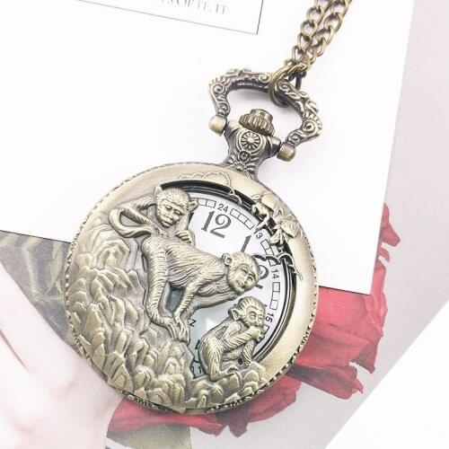 Top Brand Bronze Monkey Hollow Quartz Pocket Watches Necklace Fob Chain Watch Pendant Womens Men GIft CF1082