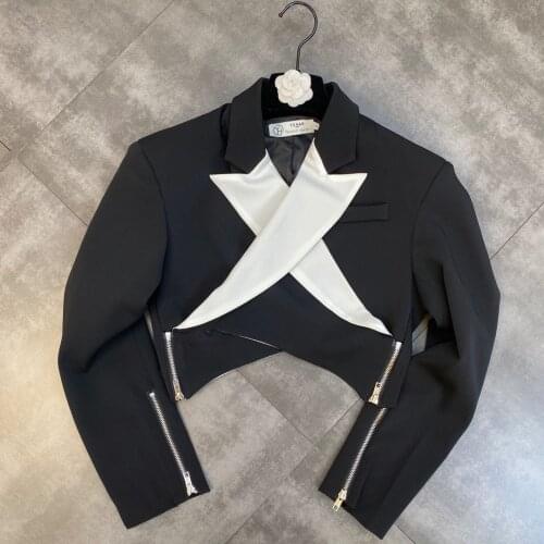 ZCSMLL 2021 Spring Autumn Contrast Color Lapel Coat Zipper Long-sleeved Cross Waist Was Thinner Niche Suit Women Jacket Trend