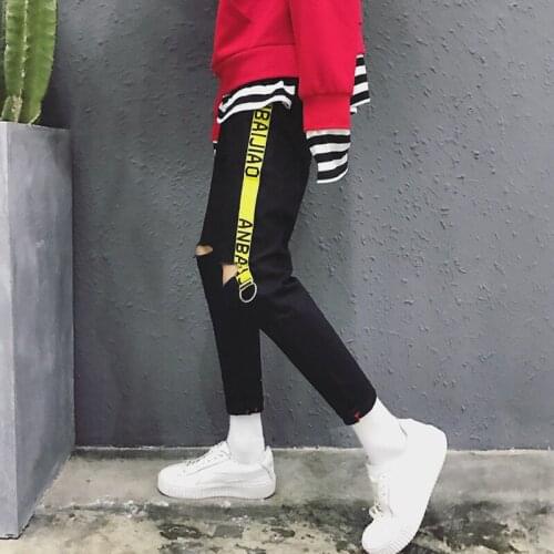 High quality 2021 wholesale Summer cowboy students Hip hop men\s letters webbing ribbon knee hole casual Ankle Length pants