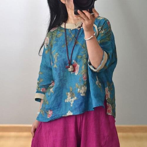 Johnature Ramie Print Floral Women Shirts Summer Stand Vintage Blouses 2021 New Half Sleeve Tops High Quality Loose Female Shirt