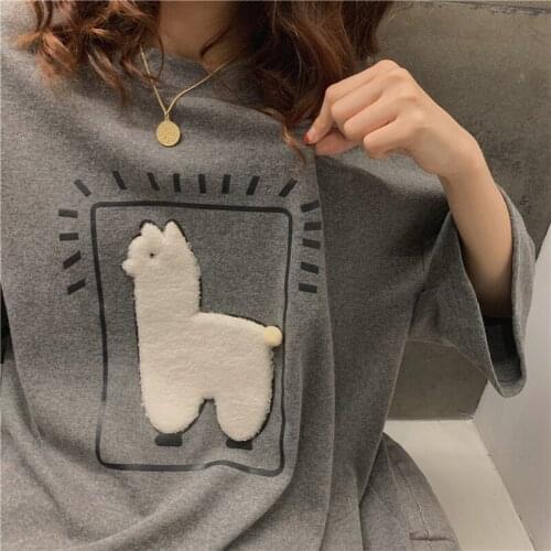 Llama Print T-shirt Harajuku Ladies Women loose T Shirt Short Sleeve Graphic Tshirt Ulzzang Korean Style Tee Top Kawaii Clothes