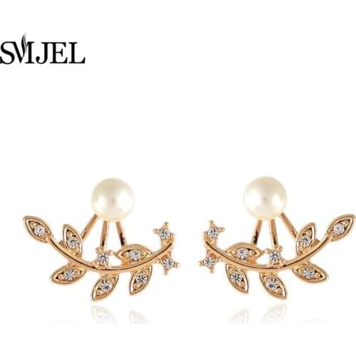 SMJEL Boho Jewelry Wedding Crystal Leaves Pearl Stud Earrings For Women Leaf Plant Ear Jackets Earring Summer 2018 EJ022