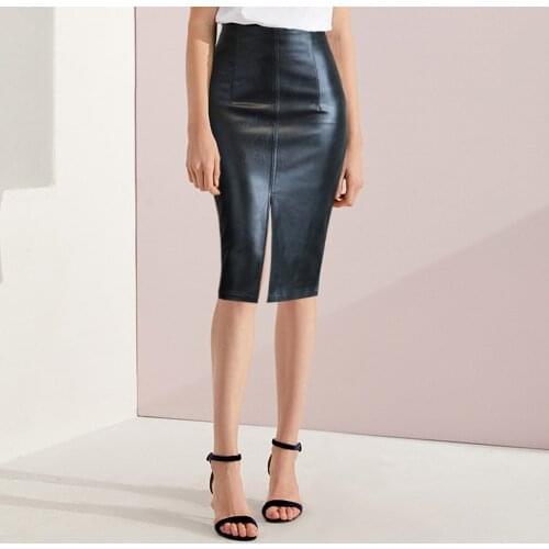 38# Women Skirts Ladies Office Work Wear Sexy Bodycon Skirts Pu Faux Leather High Waist Slim Split Skirt Knee Length Skirts