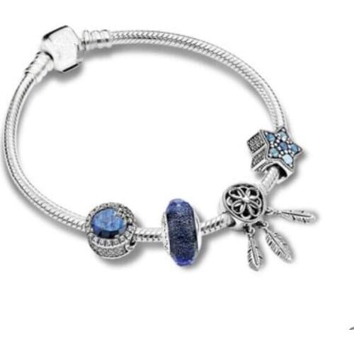 Original 925 Sterling Silver Blue Bright Star Snake Chain Basic Pan Bracelet Bangle Fit Women Bead Charm Diy Jewelry