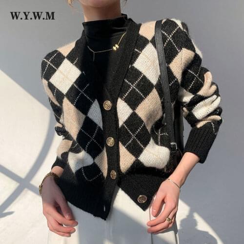 WYWM Diamond Lattice Knitted Cardigans Sweaters Women Autumn Winter Harajuku Loose V-neck Coat Long Sleeve Female Clothing