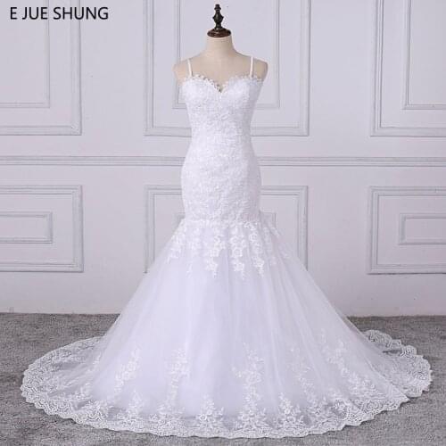 E JUE SHUNG White Vintage Lace Appliques Cheap Mermaid Wedding Dresses Spaghetti Straps Backless Wedding Gowns Bridal Dress