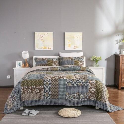 100%Cotton Patchwork Shabby Bedspread Quilt Sets Pillow shams Reversible Coverlet Set Grey Classic Bohemian King Size 3 pieces