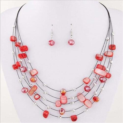 2021 New Fashion Silver Color Multi Layer Chains Shell Beads Jewelry Sets For Women Party Wedding Bride Necklace Earrings Set