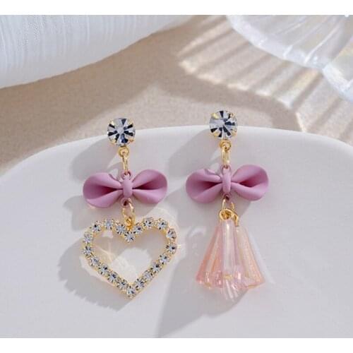2021 New Trendy Women Earring Heart Pink Bowknot Sweet Asymmetrical Crystal Drop Earrings Jewelry For Women Pandora 925 Original