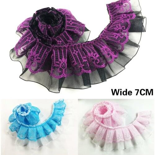 7CM Wide Luxury Pink Purple Blue 3d Pleated Organza Lace Pompom Fringe Ribbon Ruffle Trim Dress Collar Decorative Sewing Guipure