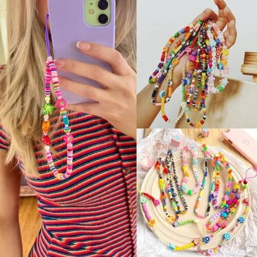 Ins Colorful Acrylic Beads Phone Chain Flowers Eyes Crystal Mobile Phone Anti-Lost Lanyard For Women 2021 New Summer Jewelry